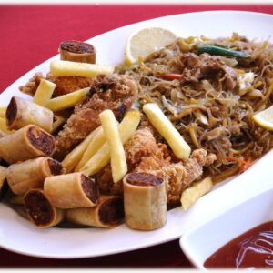 Fried Chicken with Shanghai rolls & Pancit Platter (Serves 4)